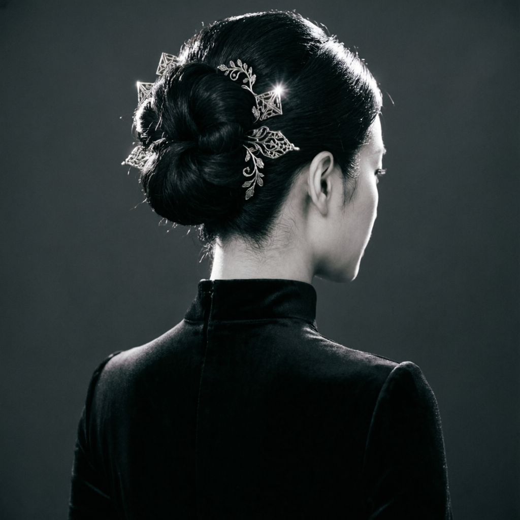 装飾的な髪飾りをつけた女性の後頭部のシニヨンヘアスタイルの白黒写真