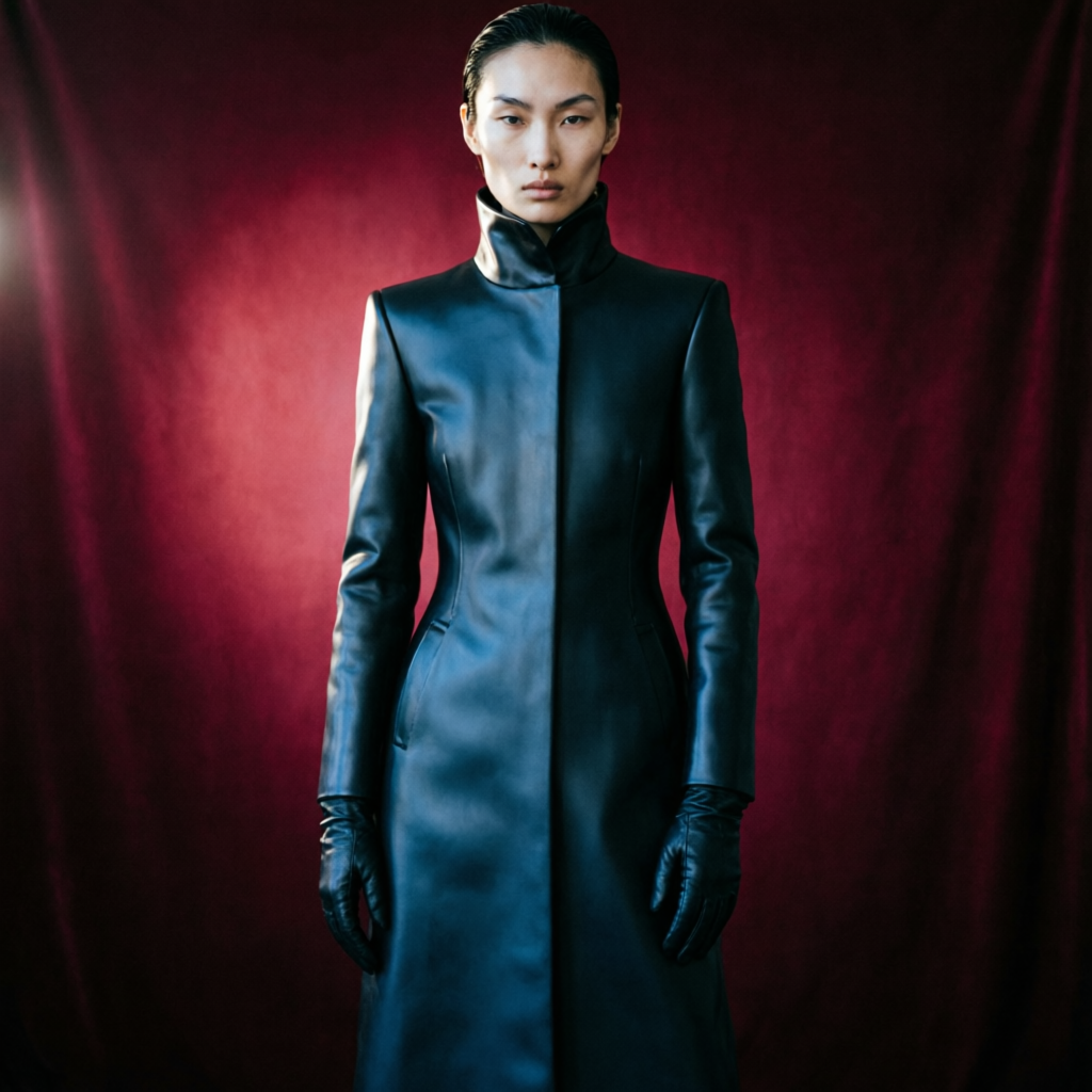 黒いラテックスのロングコートと革手袋を纏ったモデルのファッション写真